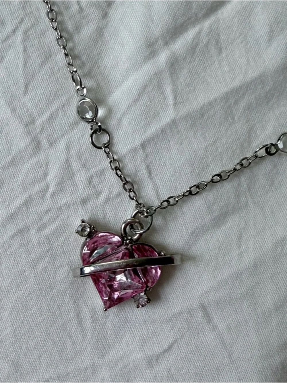 Brand New Y2K Magic Fantasy Silver Diamond Pink Heart Charm Pendant Necklace